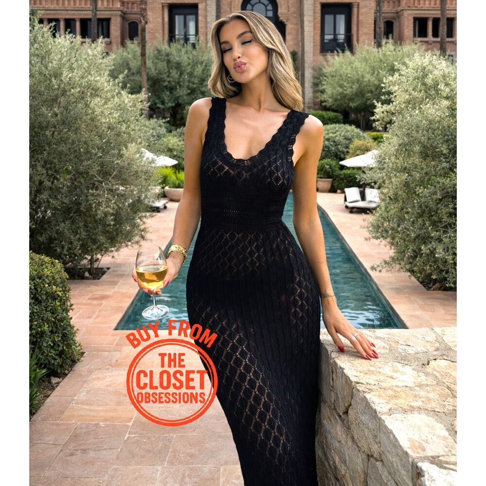 Mango NWT Black Crochet Knit Maxi Dress 6 10